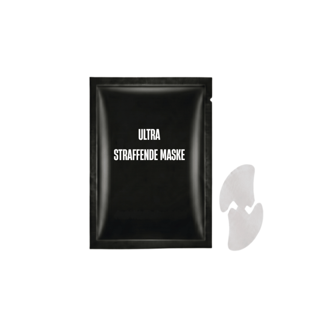 Ultimative straffende Maske in schwarzer Verpackung mit Anwendungsteil für glatte, gepflegte Haut.