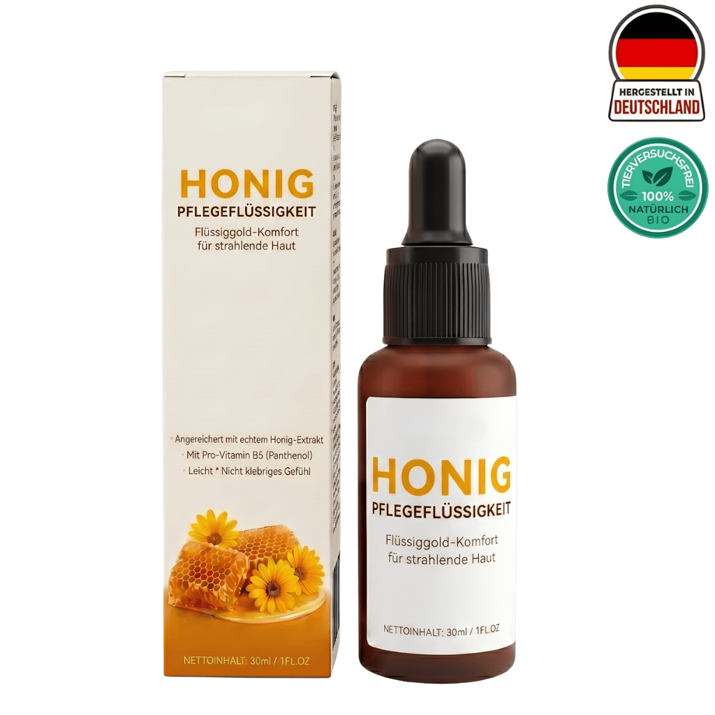 Flasche von Honig Pflegeflüssigkeit mit Verpackung, die feuchtigkeitsspendende Hautpflege zeigt.