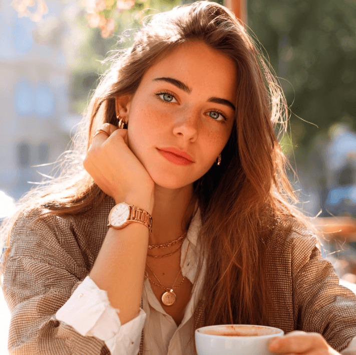 Junge Frau mit braunen Haaren und grünen Augen trinkt Kaffee in einem Café im Sonnenlicht.