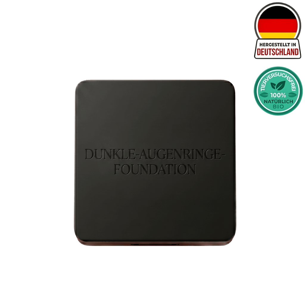 DUNKLE-Augenringe-Foundation Produktverpackung auf schwarzem Hintergrund mit Bio-Siegel.