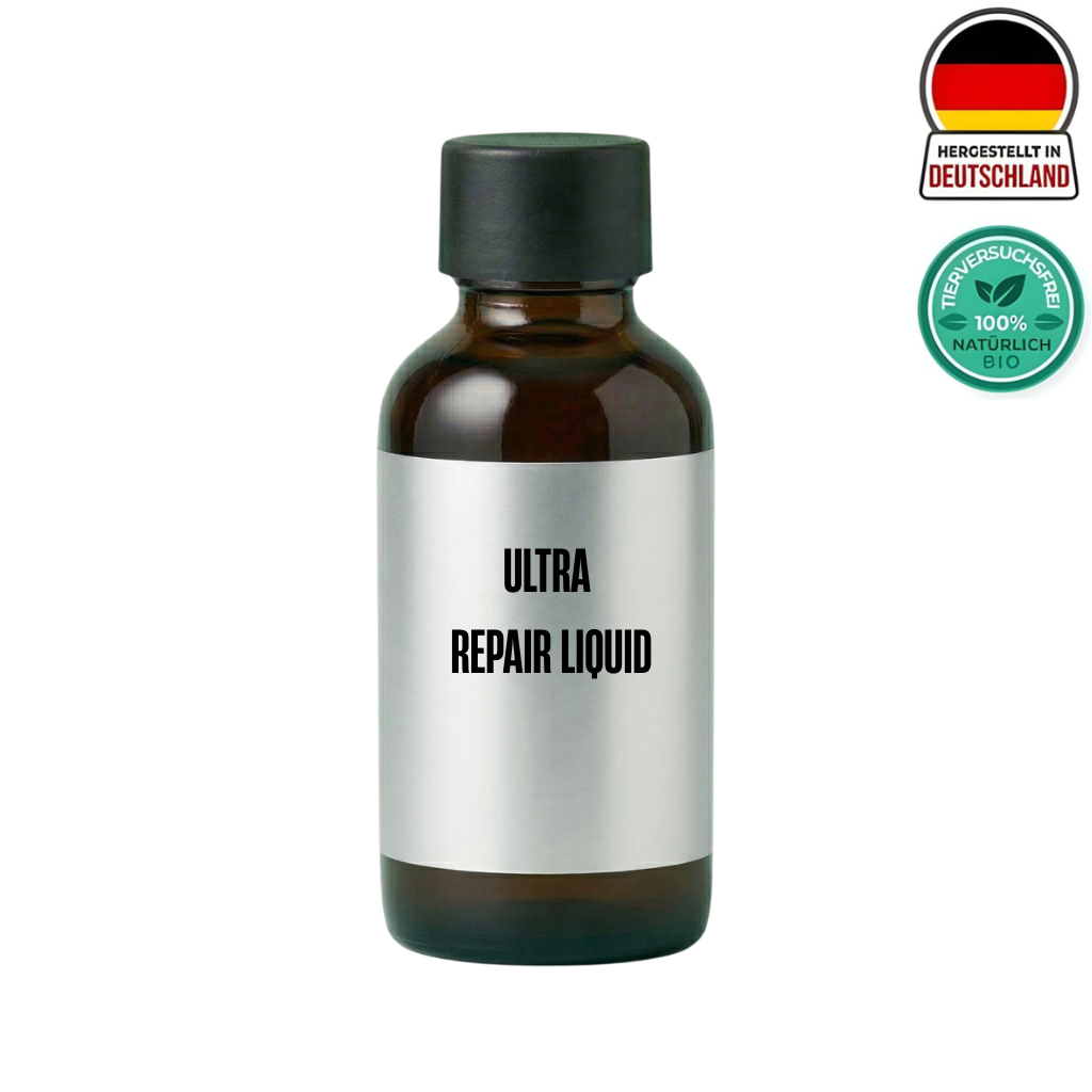 Flasche mit Ultra Reparaturflüssigkeit für eine verbesserte Hautpflegeroutine, 100% natürlich.