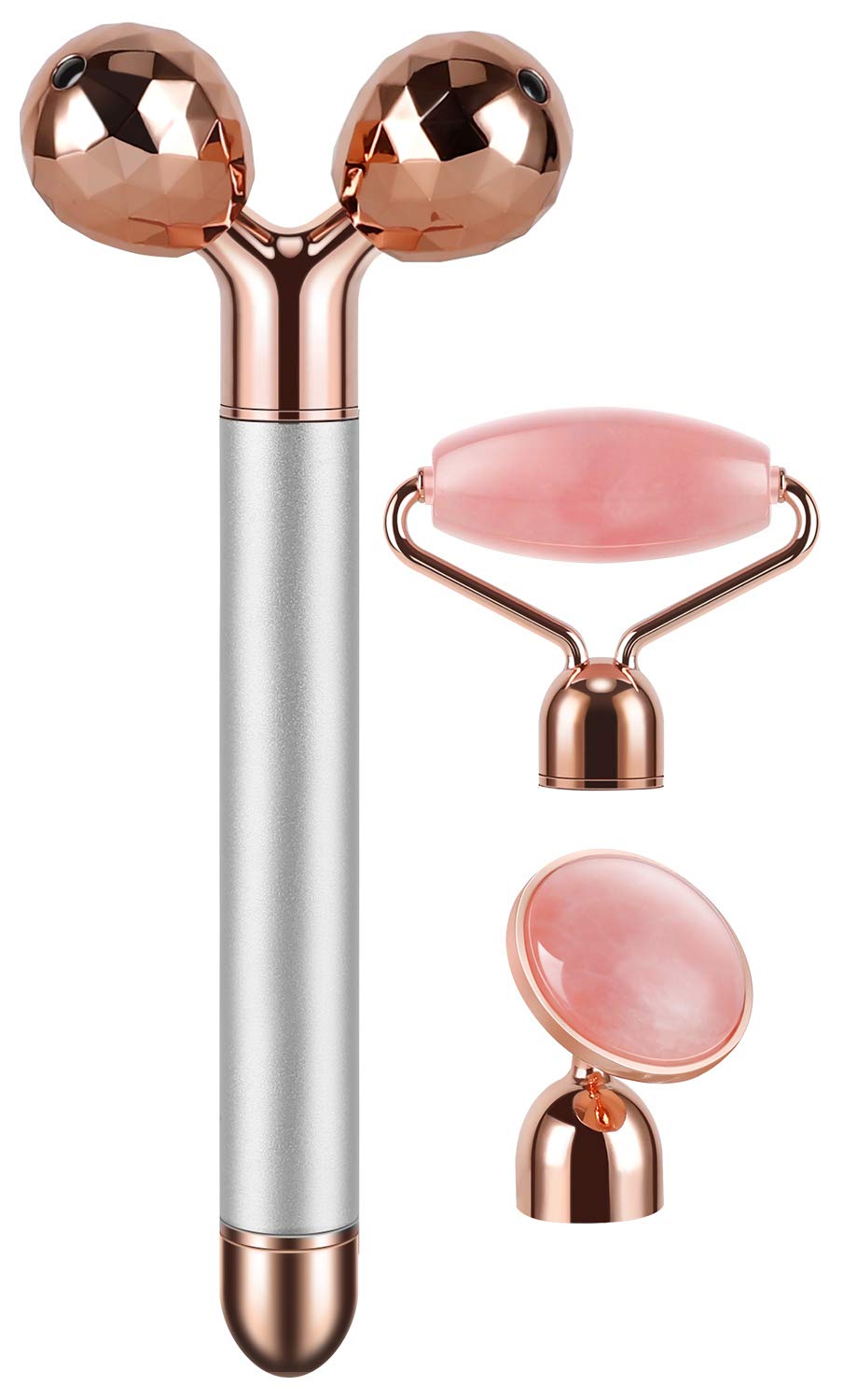 3-in-1 Gesichtsroller Set mit Roségold-Aufsätzen für sanfte Gesichtsmassagen und strahlende Haut.