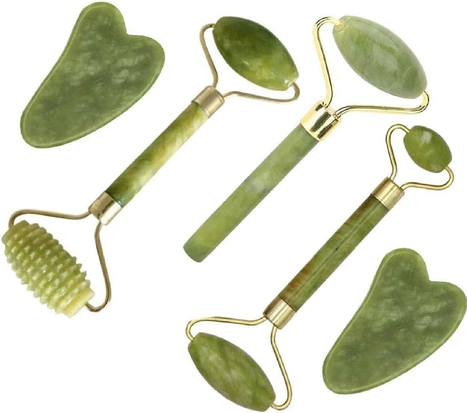 Jade-Gesichtsroller & Massage-Set mit verschiedenen Jade-Tools für natürliche Hautpflege und Massage.