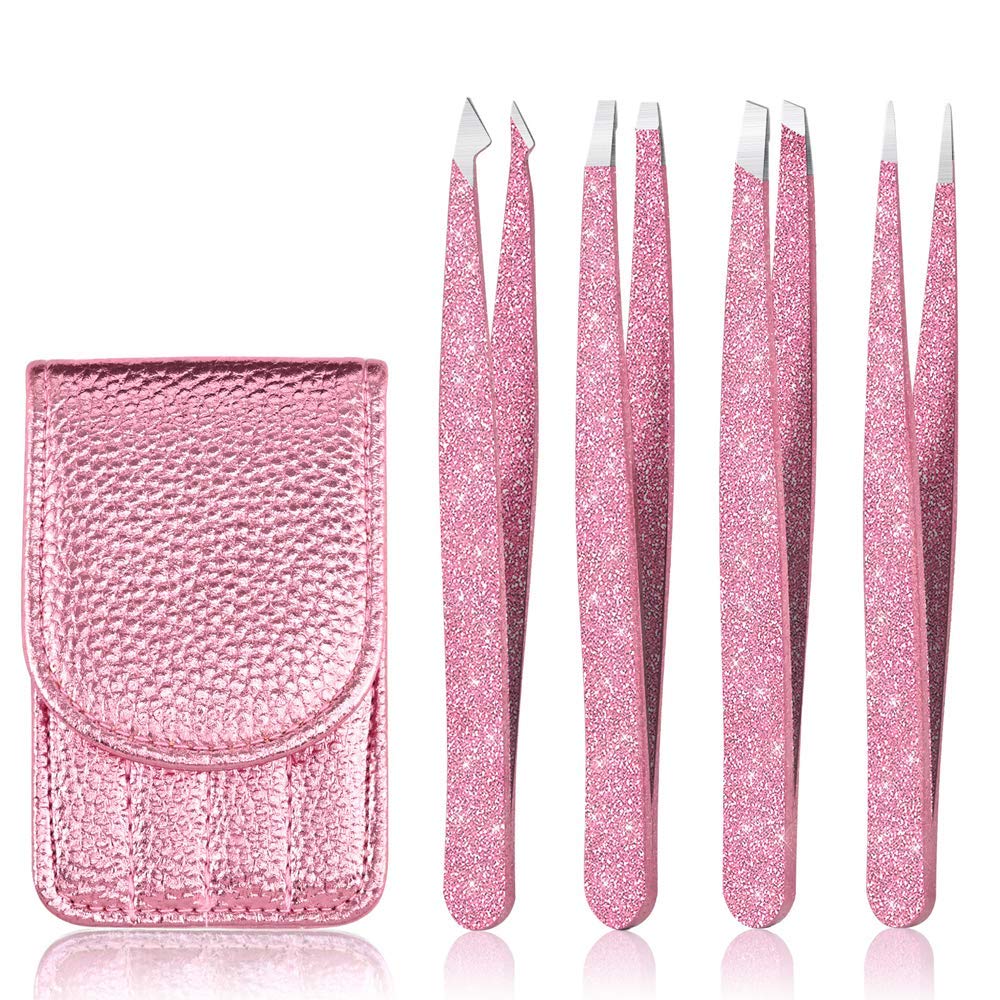 Edelstahl-Präzisions-Set mit pinken Pinzetten und eleganter Aufbewahrungstasche