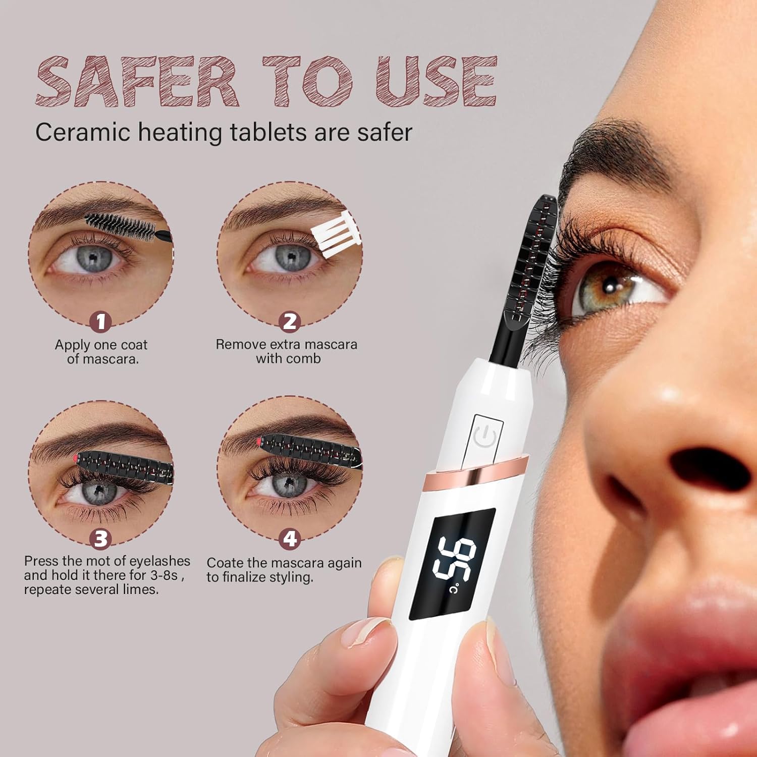 Elektrischer Wimpernformer mit keramischen Heiztabletten für sicheres Styling von Wimpern.