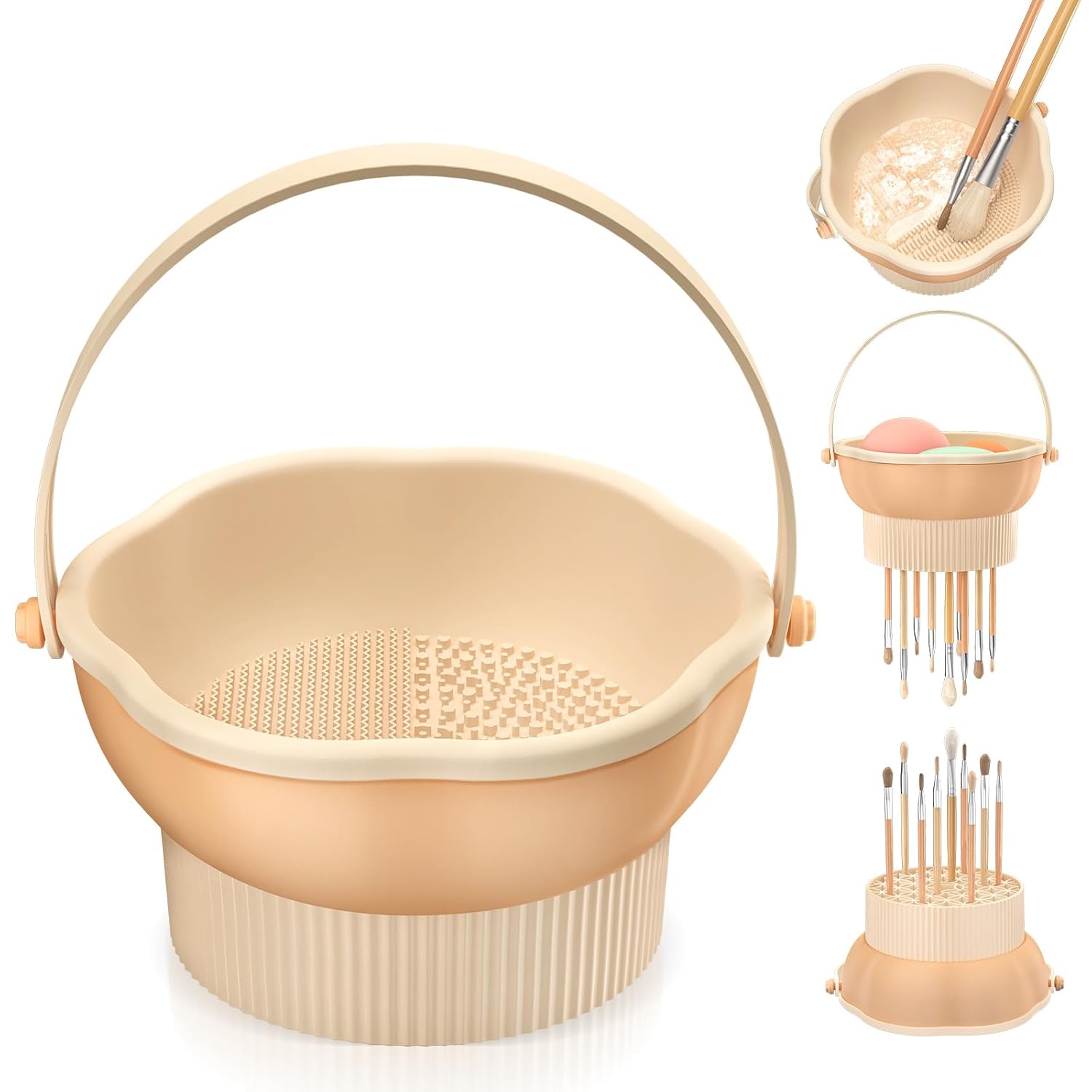 Silikon-Pinselreiniger mit Organizer in Beige für gründliche Reinigung und Aufbewahrung von Make-up-Pinseln