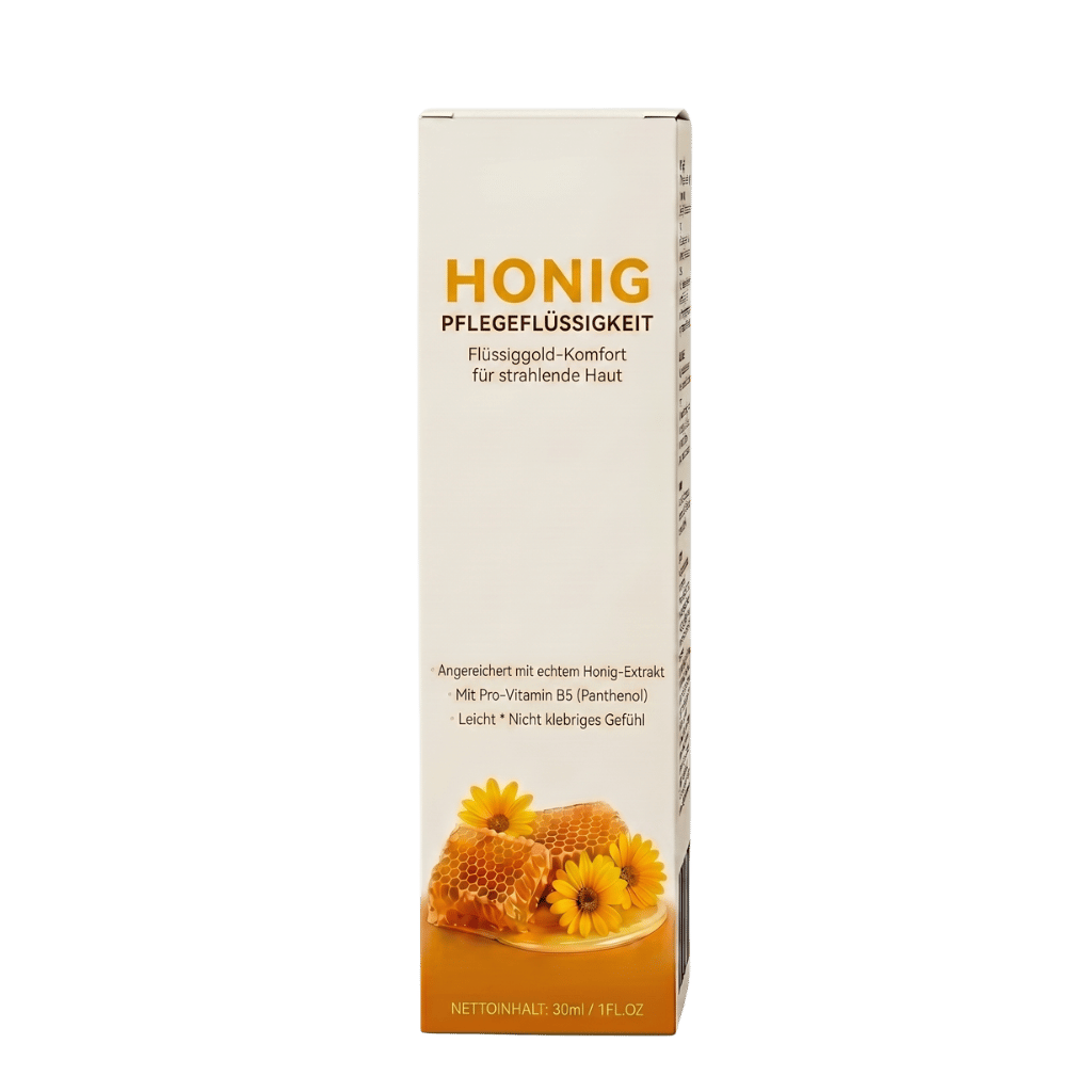 Honig Pflegeflüssigkeit in einer 30ml Verpackung, fördert strahlende Haut mit honig-basierten Inhaltsstoffen.