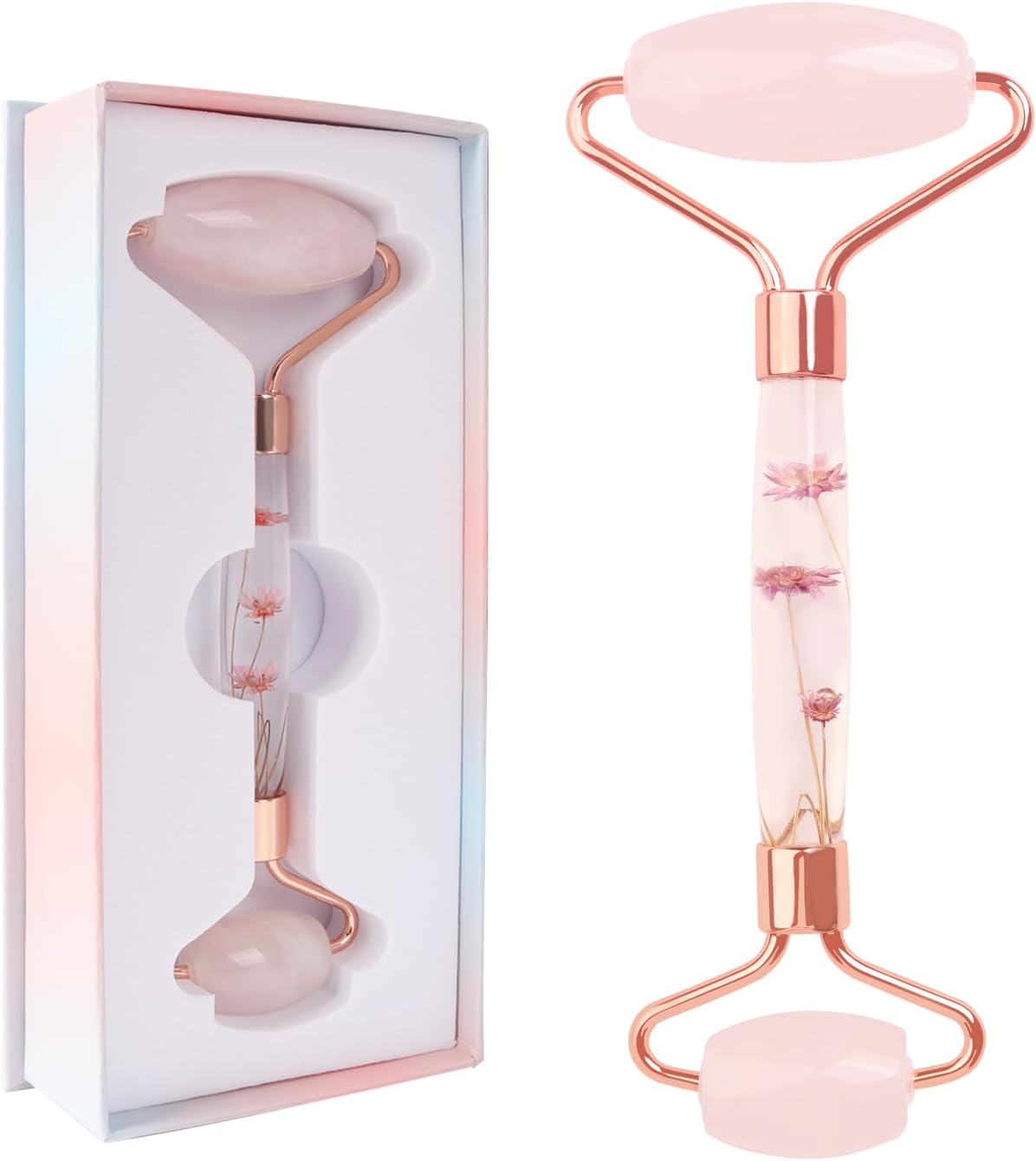 Gesichtsmassage-Roller aus Rosenquarz in Verpackung, luxuriöses Beauty-Tool für Hautberuhigung und Schwellungsreduktion.