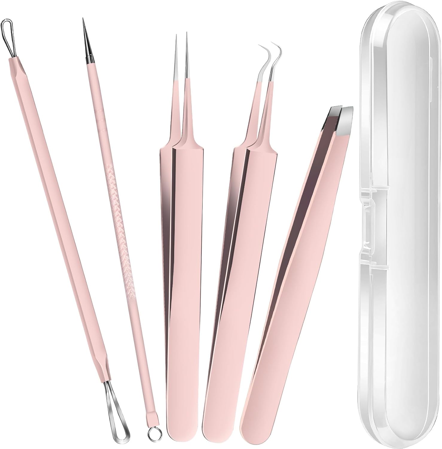 Mitesser-Entferner Set mit fünf professionellen Werkzeugen in rosa für die sanfte Hautpflege.