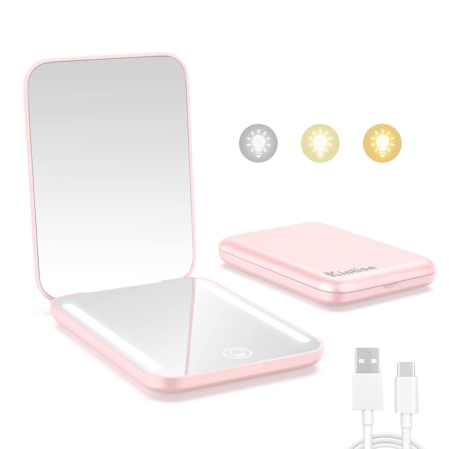 LED-Taschenspiegel mit Vergrößerung in rosa, klappbar, mit dimmbarer LED-Beleuchtung und USB-Anschluss.