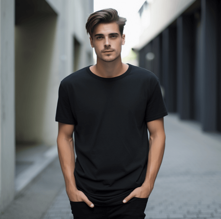 Mann in schwarzem T-Shirt, steht in einer urbanen Straße mit moderner Architektur.
