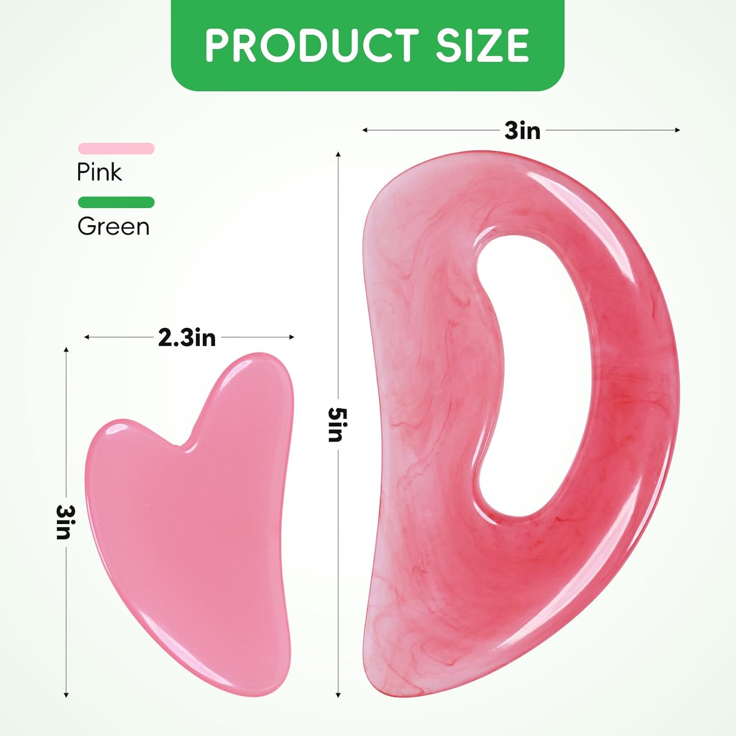 Holz-Massagewerkzeug für Gesicht & Körper in Pink und Green mit Größenangaben von 2.3in und 5in.