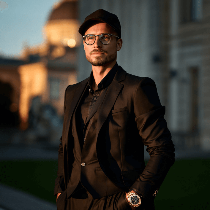 Stylish man in a black suit and cap, exuding confidence and elegance while standing outdoors.