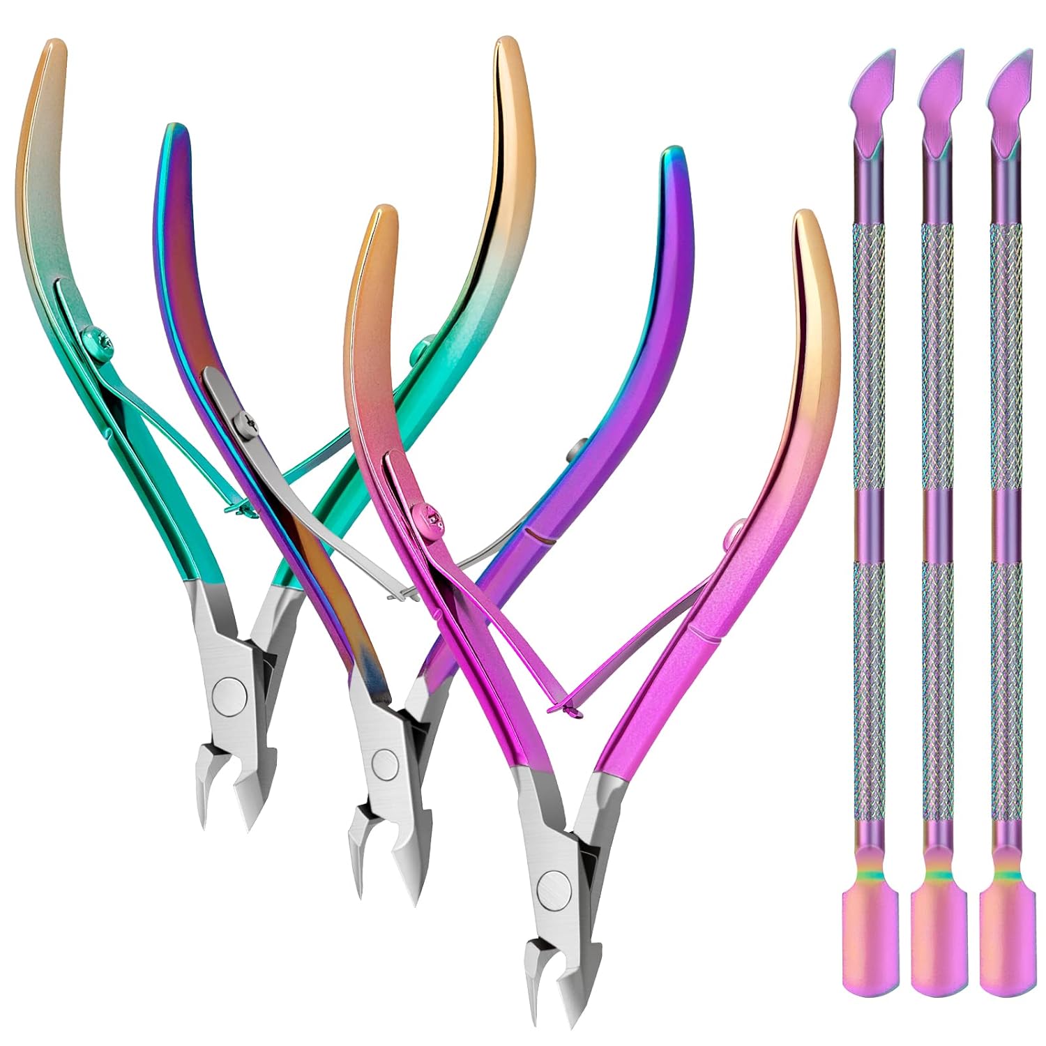 Regenbogen Nagelhautpflege-Set mit bunten Edelstahlwerkzeugen für professionelle Nagelpflege.