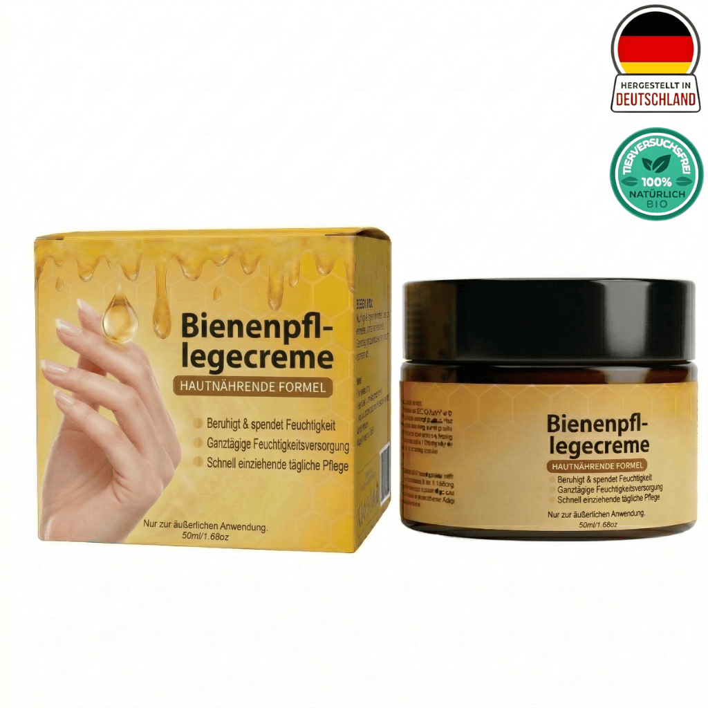 Bienenpflegecreme in einem Glasbehälter mit einer Pflegende Formel, ideal für tägliche Hautpflege und Feuchtigkeitsversorgung.