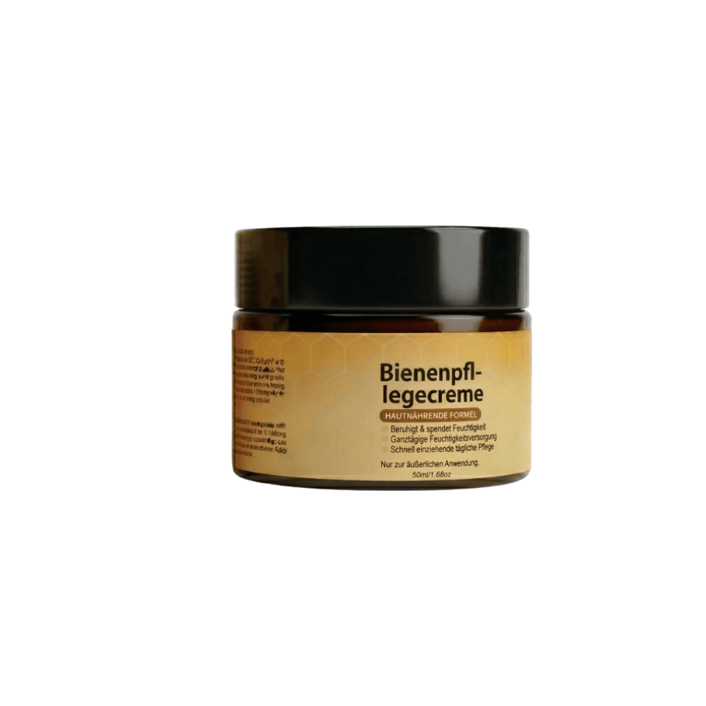 Luxuriöse Bienenpflegecreme in einem eleganten Glasbehälter, ideal für tägliche Hautpflege.