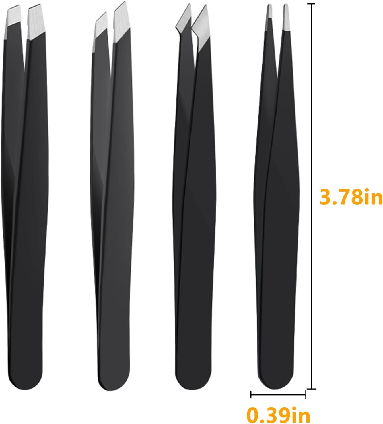 Edelstahl Pinzetten-Set: Vier schwarze Präzisionspinzetten in verschiedenen Spitzenformen, ideal für Detailarbeiten.