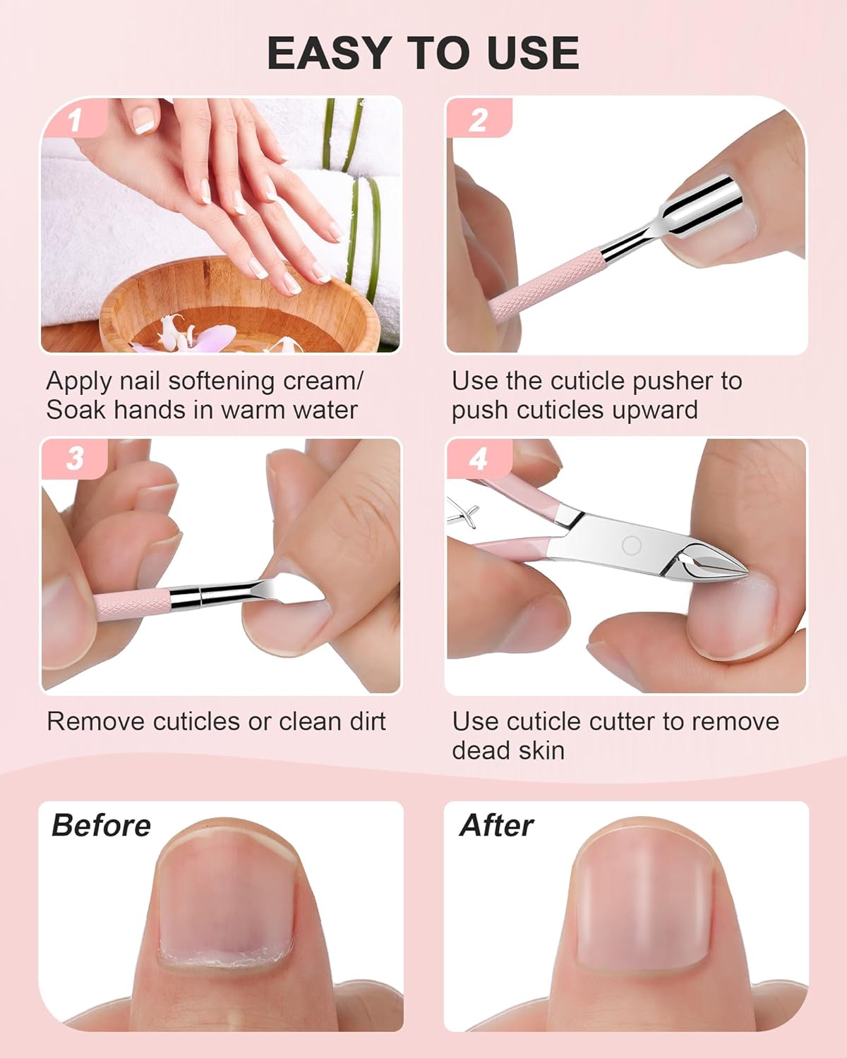 Steps demonstrating the use of the Nagelhaut-Set 3-teilig for nail and cuticle care.