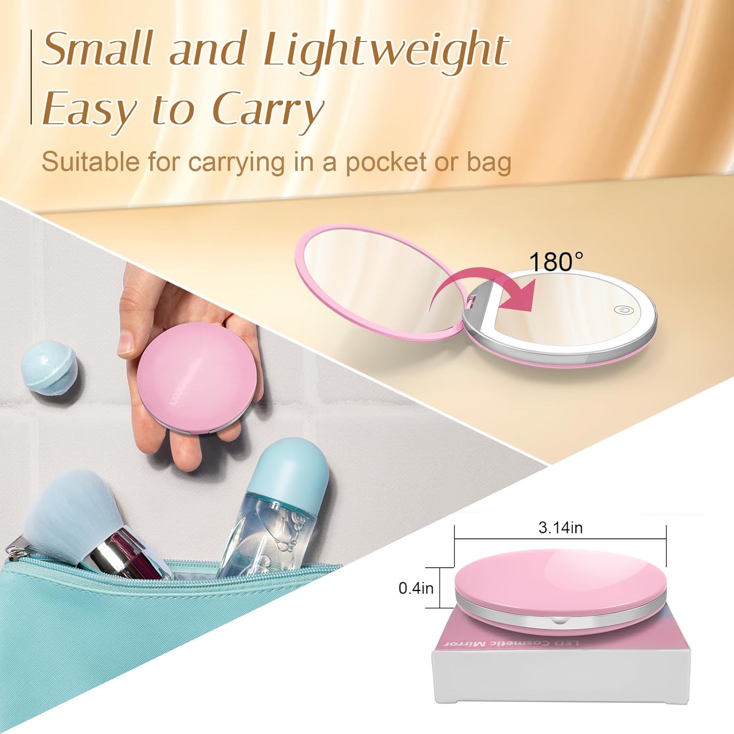 Kompaktspiegel mit Vergrößerung, kleiner tragbarer Spiegel, ideal für Handtasche oder Reise.