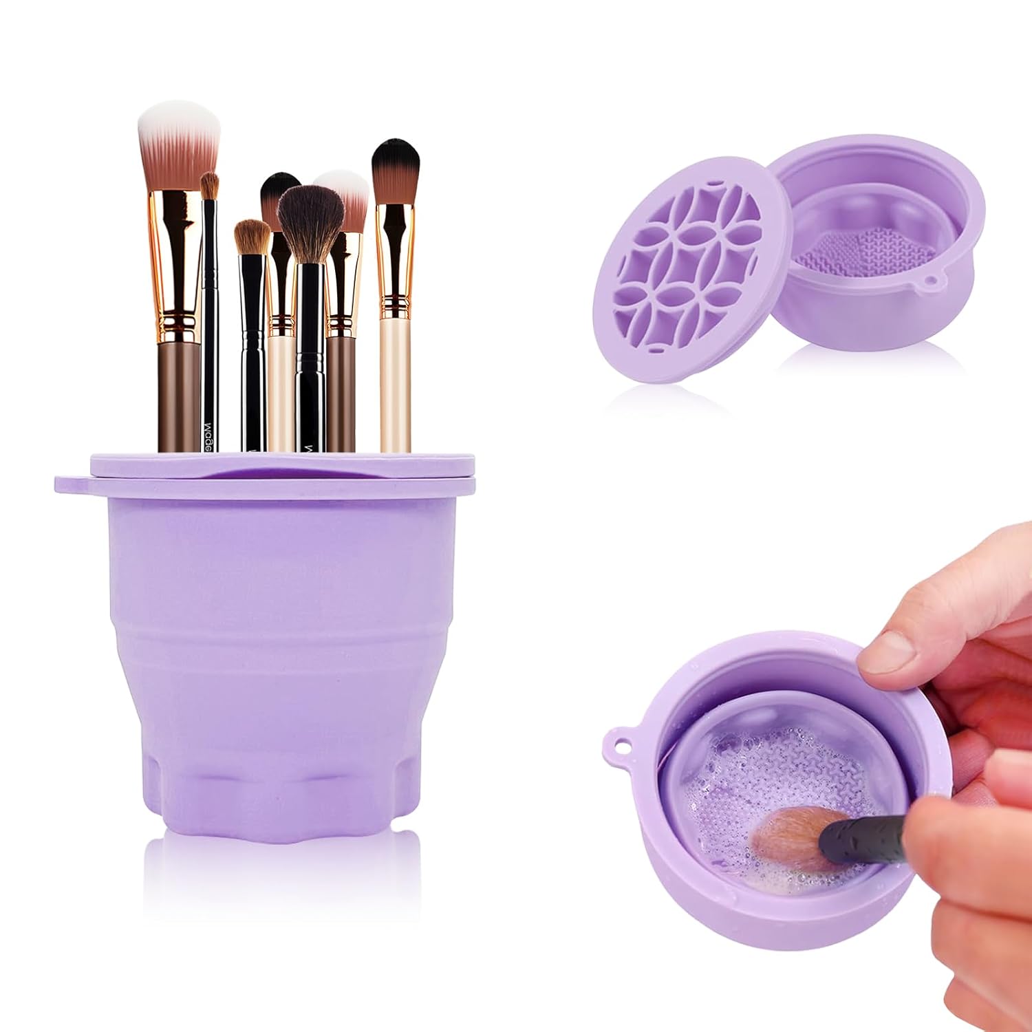 Faltbare Silikon-Pinselreinigungsmatte mit Organizer zum Reinigen von Make-up-Pinseln in einem lila Behälter.