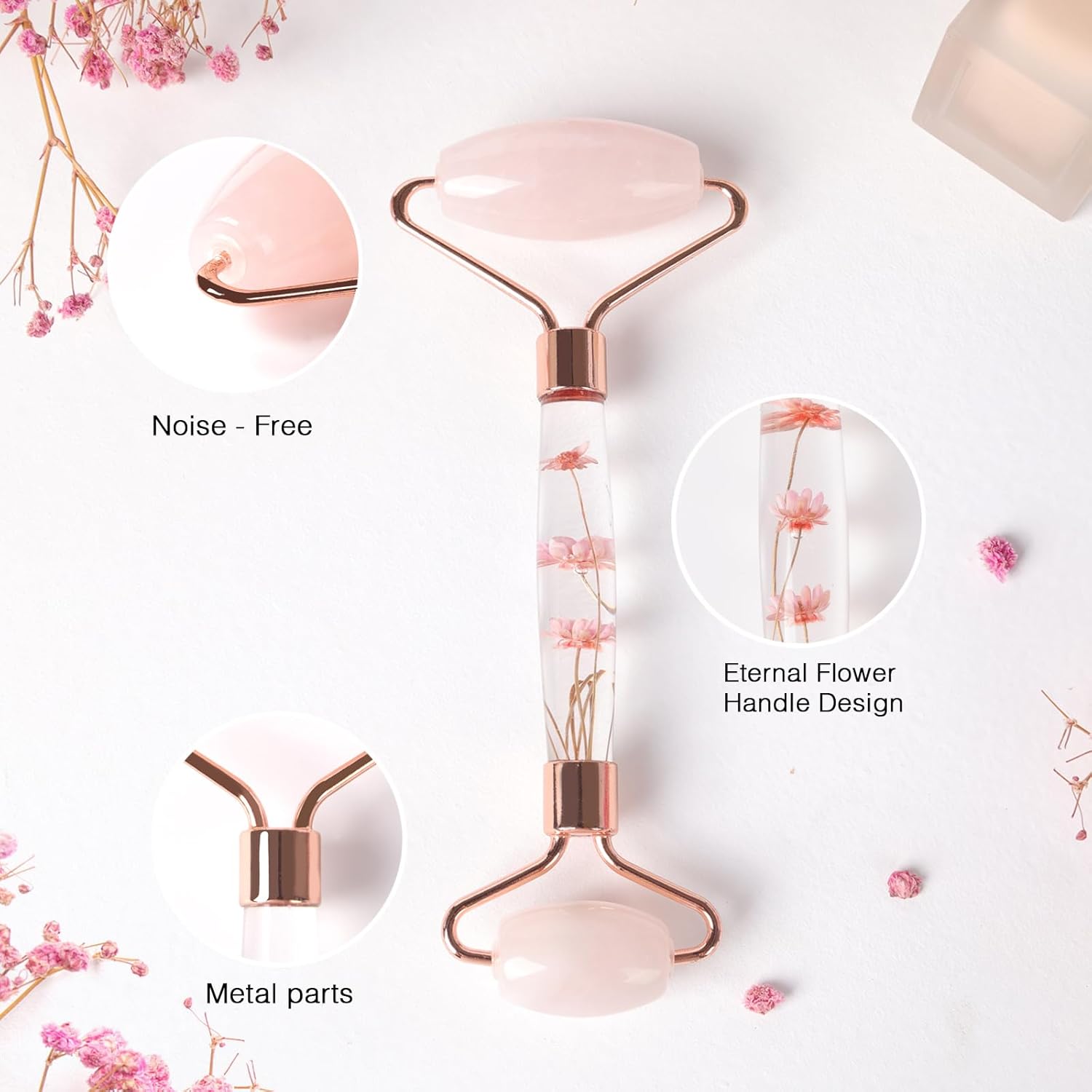 Gesichtsmassage-Roller aus Rosenquarz mit echtem Rosenquarz und langlebigem Metallrahmen.