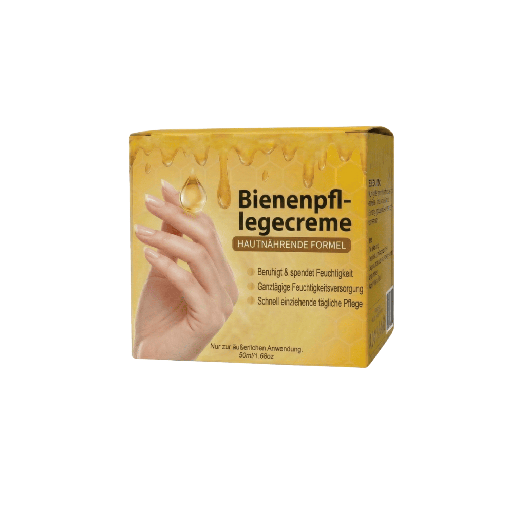 Bienenpflegecreme in einer gelben Verpackung, zeigt Hände und betont feuchtigkeitsspendende Eigenschaften.