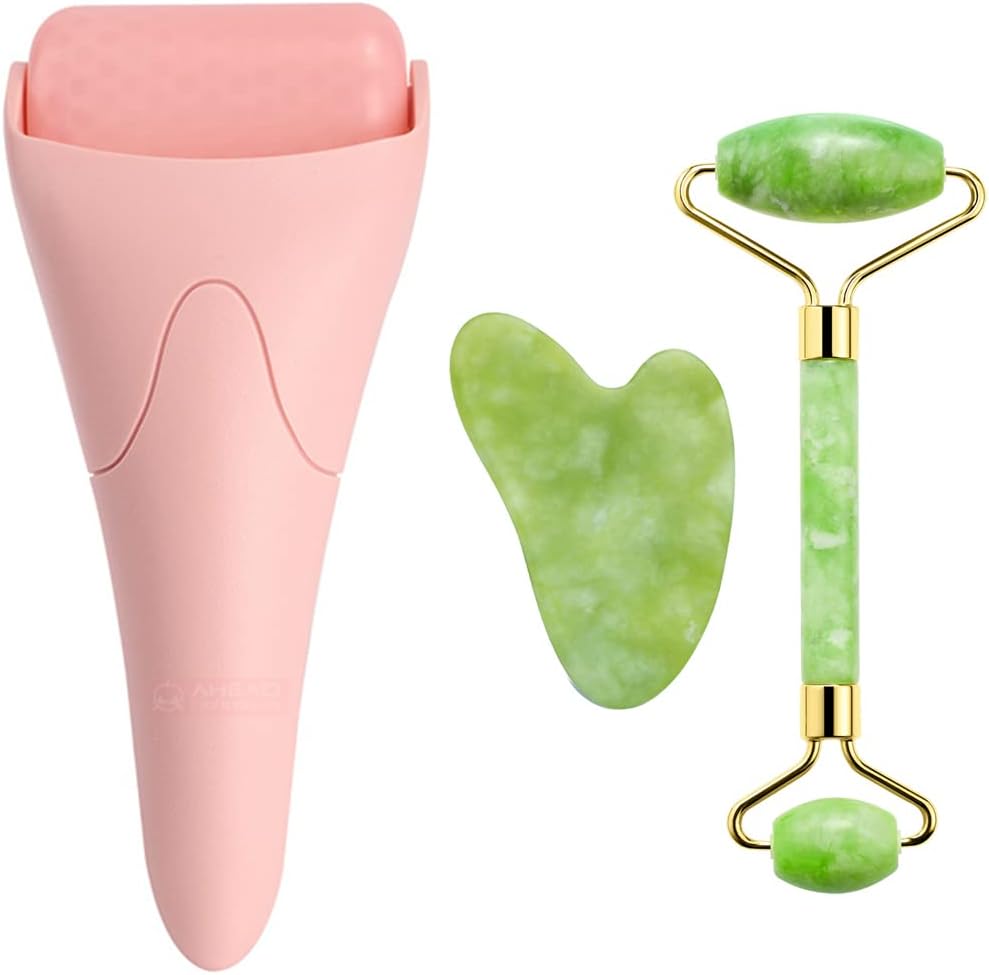 Gesichtsmassage-Roller Set mit rosa Rollgerät und grünem Jade-Roller zur Hautpflege.