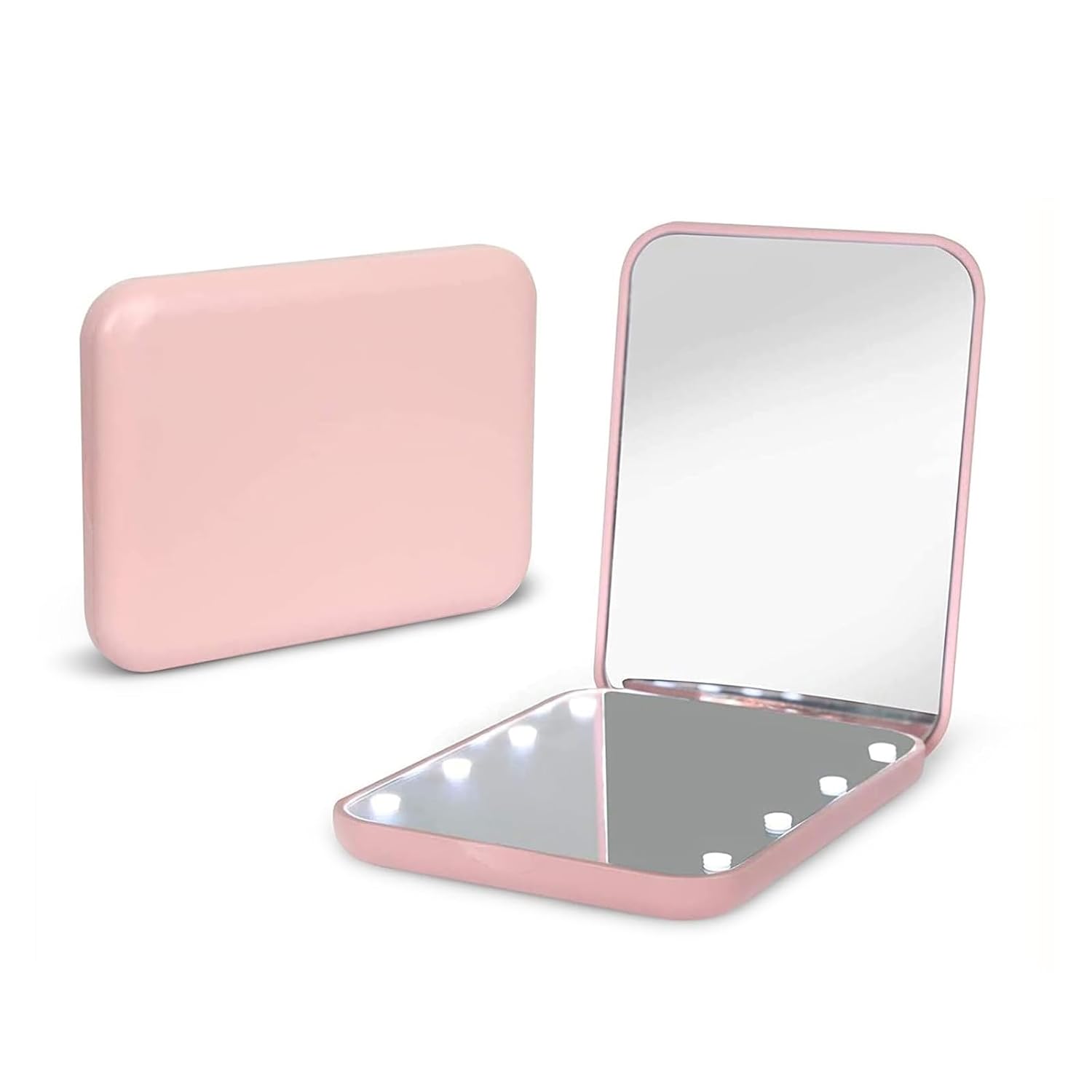 Tragbarer Handspiegel mit Vergrößerung in pink mit LED-Beleuchtung, ideal für Make-up und Hautpflege.