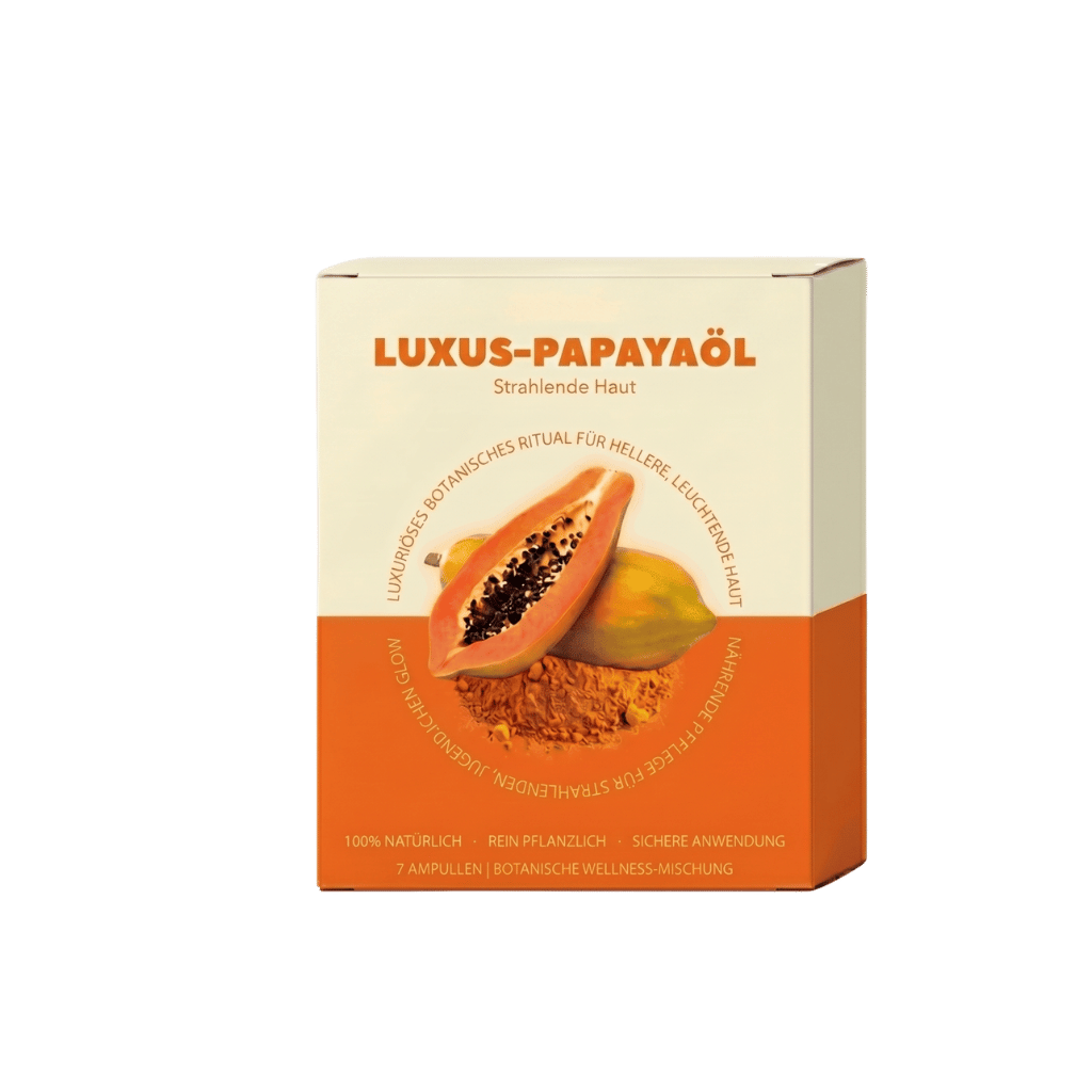 Premium-Papayaöl Verpackung für strahlende Haut mit frischer Papaya und botanischer Wellness-Mischung.