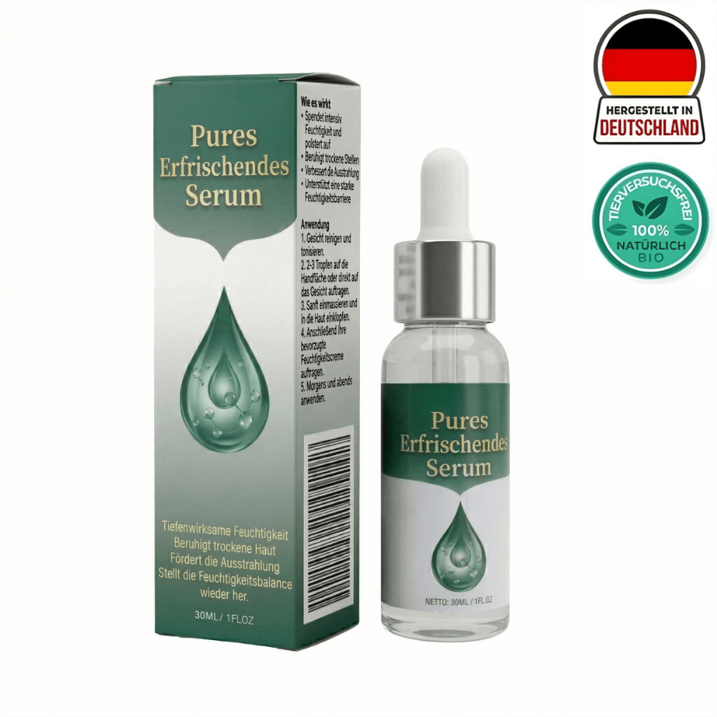 Premium Erfrischungsserum in Glasflasche mit Pipette, ideal zur Feuchtigkeitspflege trockener Haut.
