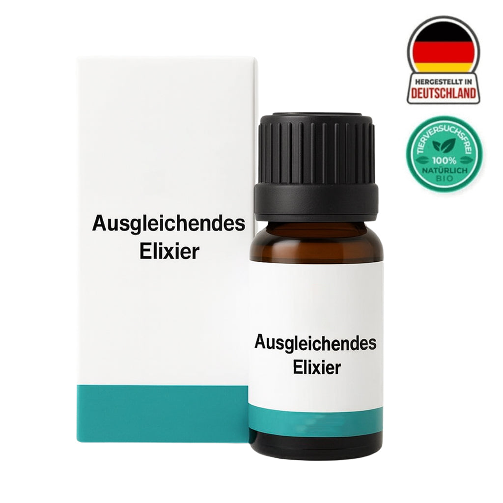 Flasche mit Ausgleichendem Elixier und Verpackung, bio-zertifiziert, für sanfte Hautpflege.